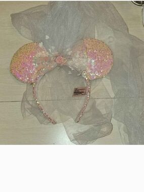 Disney Pink Sequin Mouse Ear Headband with Veil and Rose